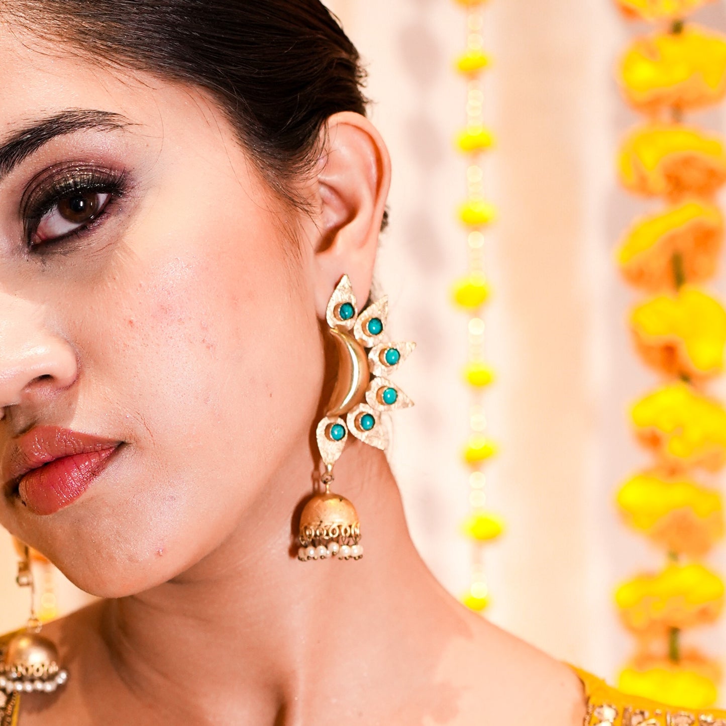 Turquoise Stone Golden Jhumkas