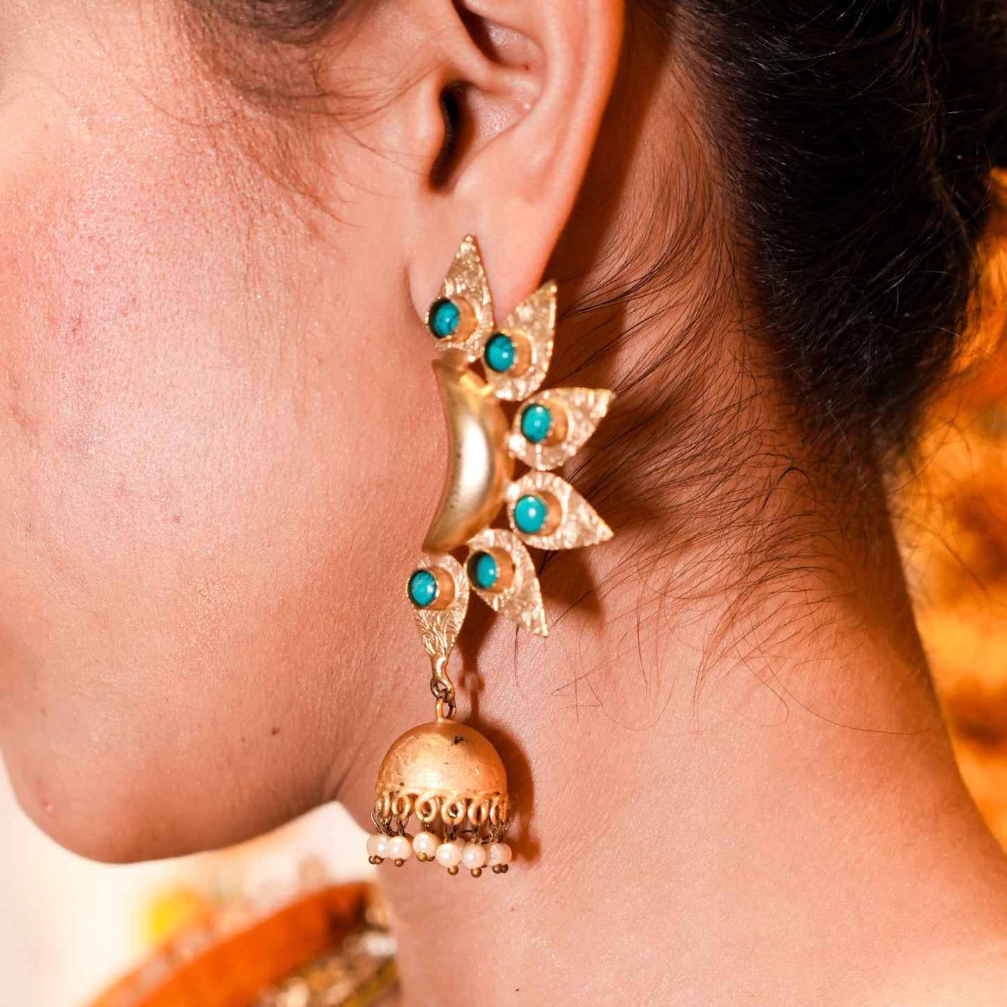 Turquoise Stone Golden Jhumkas